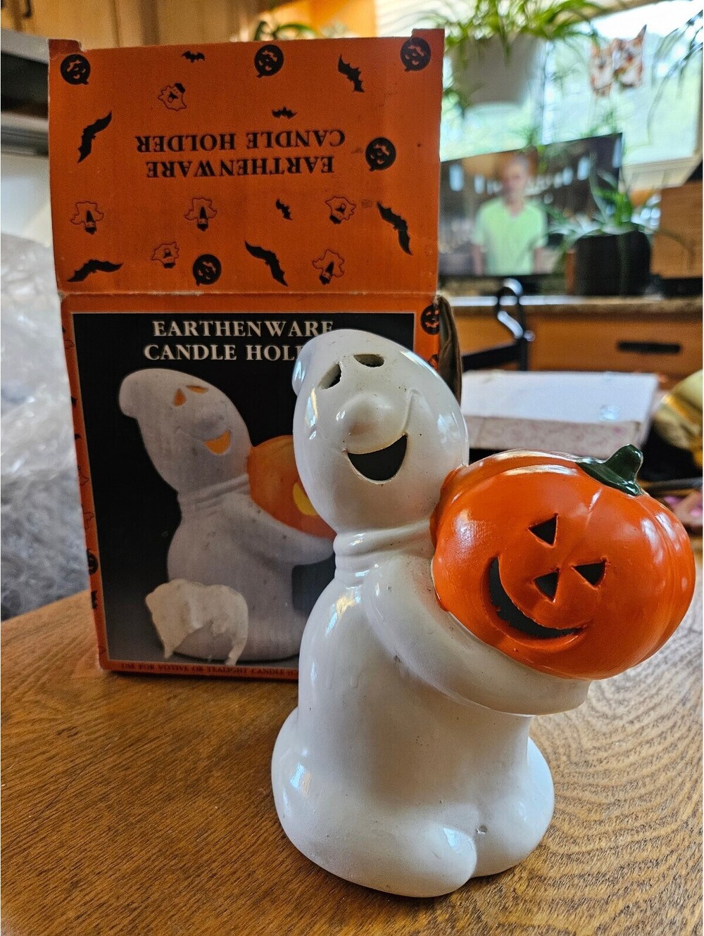 NIB Vintage Halloween Earthenware Candle Holder - Happy Ghost and Pumpkin